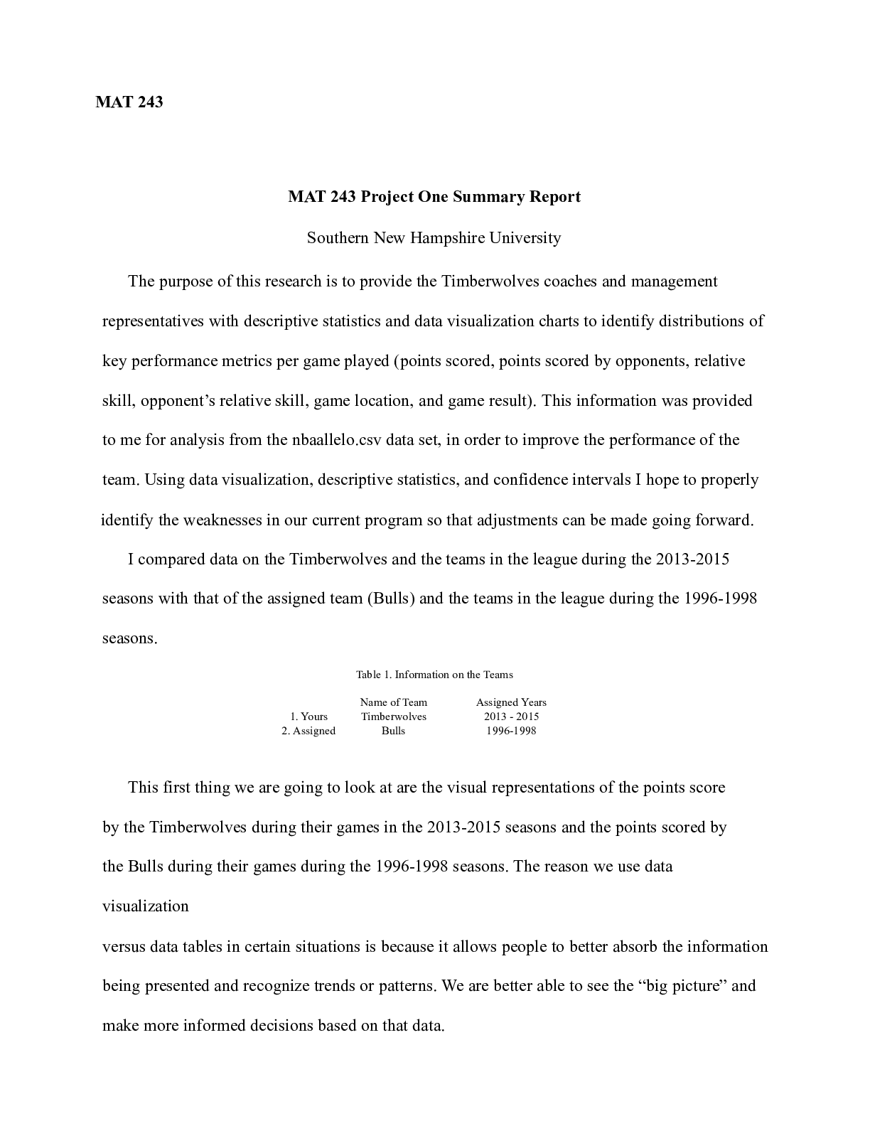 Preview image for MAT 243 Project One Summary Report |  MAT 243  MAT 243 Project One Summary Report  Sou